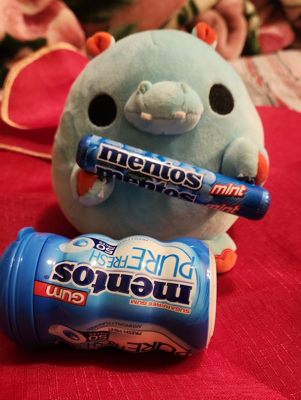 Blue Plush Hippo Holding Mentos Mint